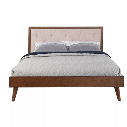 Start2Finish Reid Mid Century Oatmeal Platform Queen Bed with wooden frame and upholstered headboard, modern bedroom furniture.