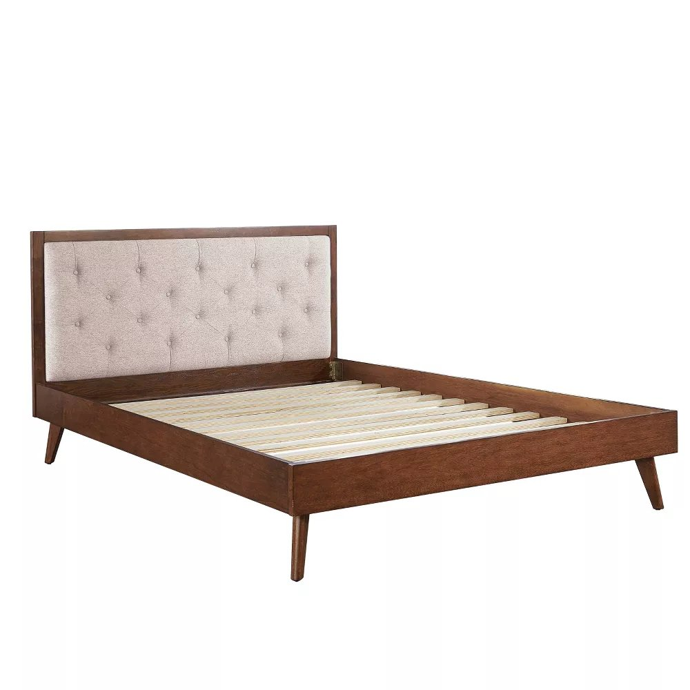 Start2Finish Reid Mid Century Oatmeal Platform Queen Bed with wooden frame and clean-lined design in a modern bedroom setting.