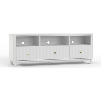 White Stapleton TV console by Start2Finish, showcasing a modern furniture piece with storage compartments and sleek design.