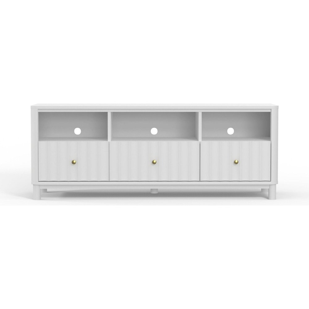 White Stapleton TV console from Start2Finish furniture with open shelving and storage compartments, ideal for living room entertainment.