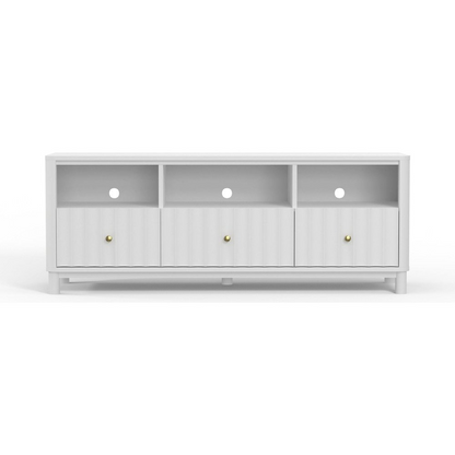 White Stapleton TV console from Start2Finish furniture with open shelving and storage compartments, ideal for living room entertainment.