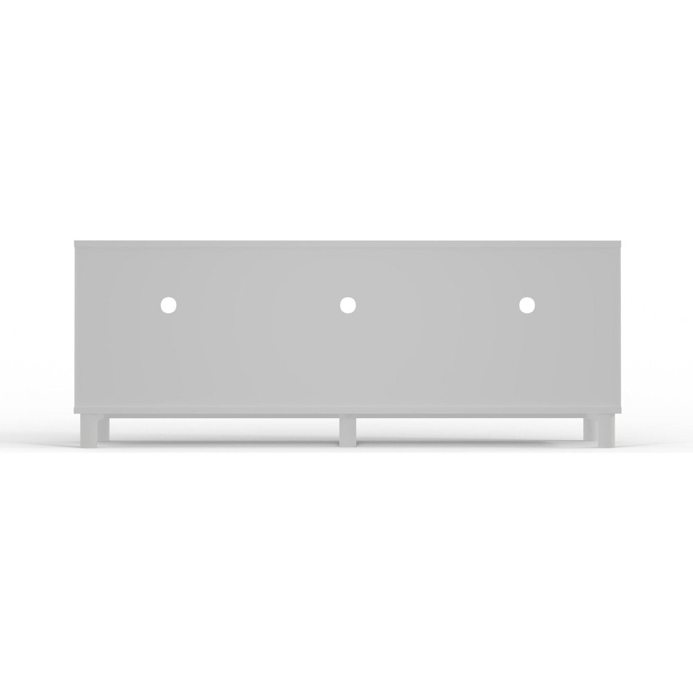 White Stapleton TV console by Start2Finish, modern furniture piece with open shelving and clean lines for living room setup.