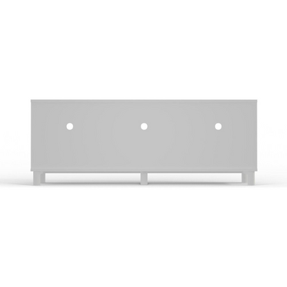 White Stapleton TV console by Start2Finish, modern furniture piece with open shelving and clean lines for living room setup.