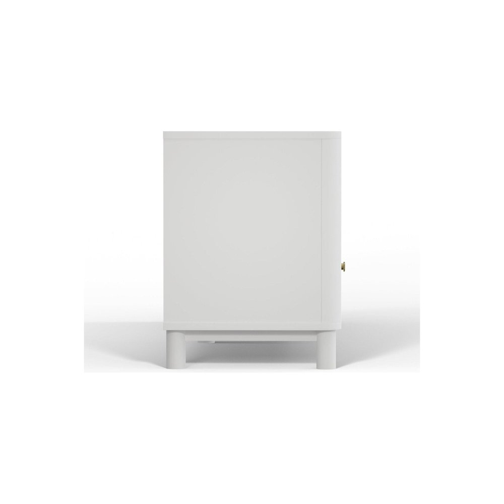 White Stapleton TV console by Start2Finish with open shelving and storage cabinets, modern furniture for living room entertainment.