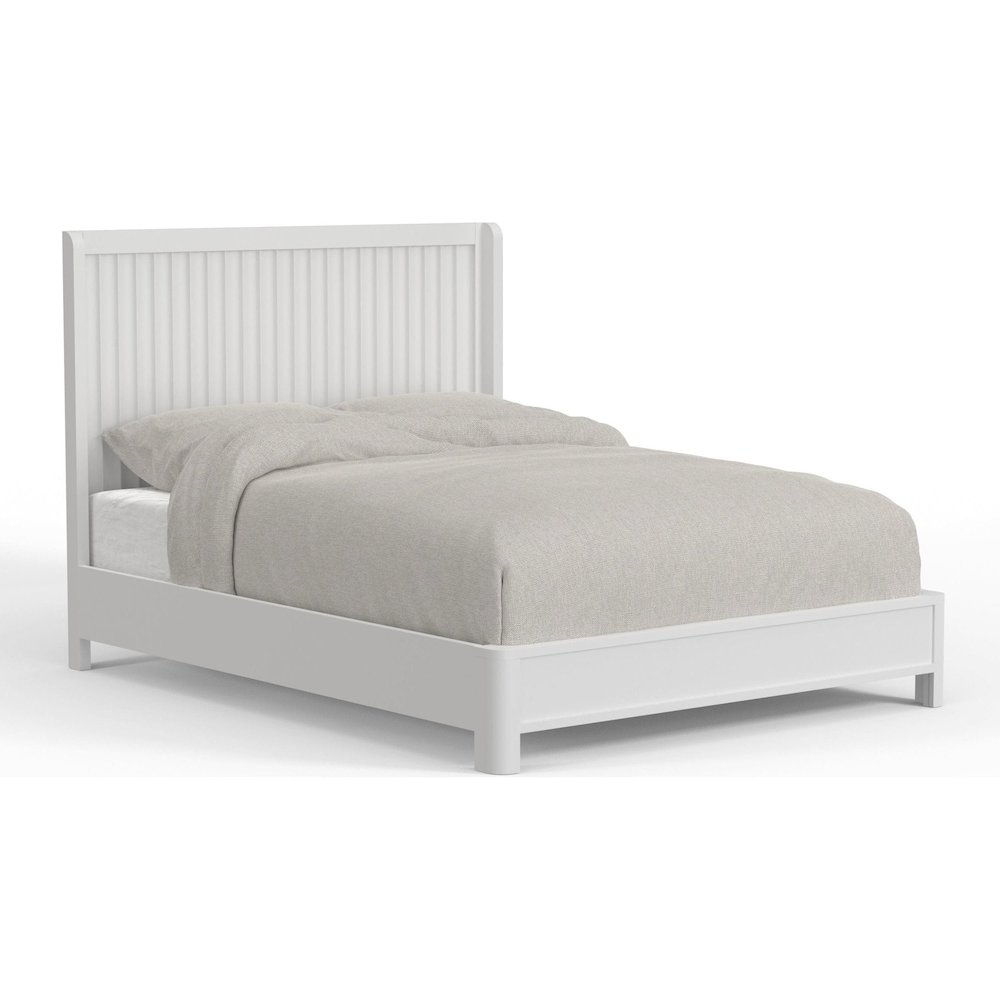 White Stapleton Queen Panel Bed by Start2Finish, showcasing a classic wooden bed with clean lines and a sleek headboard.