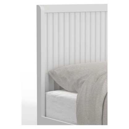 White Stapleton Queen Panel Bed by Start2Finish, showcasing its elegant wooden frame and classic panel design in a bedroom setting.