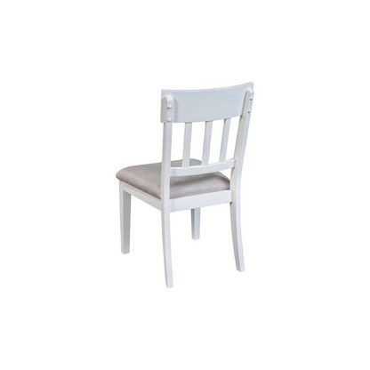 Pair of white Donham side chairs from Start2Finish, showcasing sleek wooden furniture with curved backs and cushioned seats.