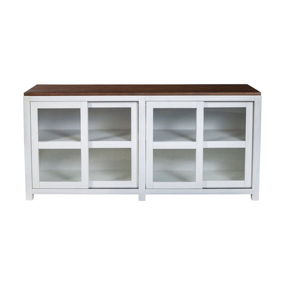 Large wooden display cabinet by Start2Finish with glass doors and multiple shelves for showcasing collectibles or dinnerware.
