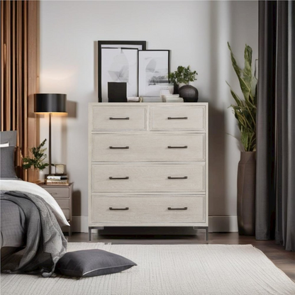 Start2Finish Bradley Chest furniture with wooden finish and metal handles, featuring a spacious top and storage drawers.