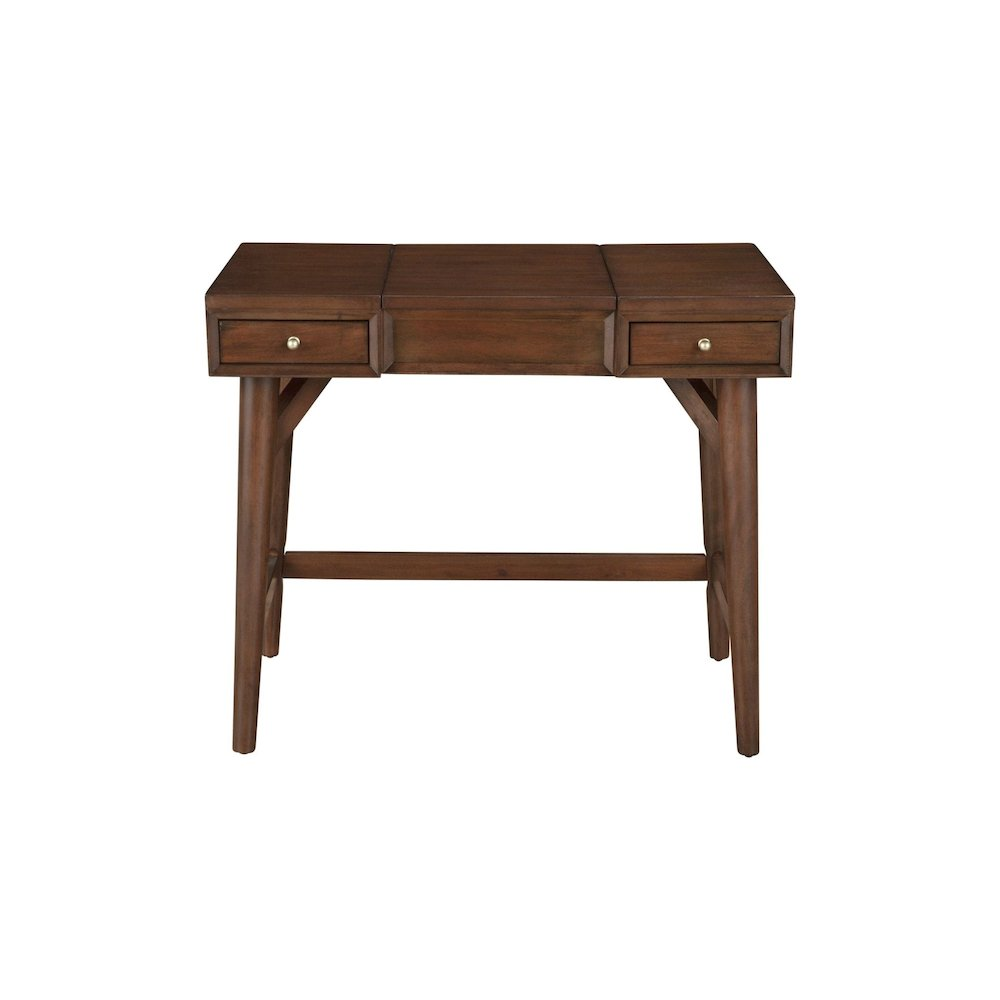 Walnut Flynn Bedroom Vanity by Start2Finish showing a sleek, modern design with a mirror and storage drawers.
