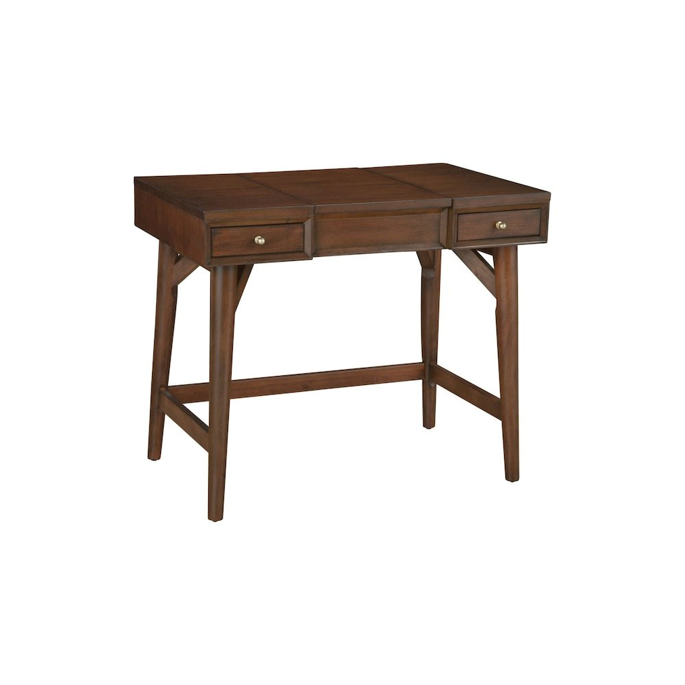 Walnut Flynn Bedroom Vanity by Start2Finish featuring a sleek tabletop, mirror, and storage drawers in a modern bedroom setting.