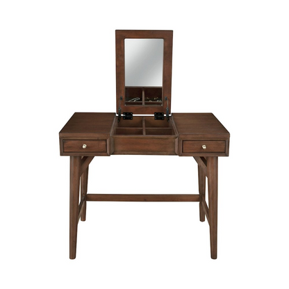 Walnut Flynn Bedroom Vanity by Start2Finish showing a sleek wooden vanity with a mirror and storage drawers.