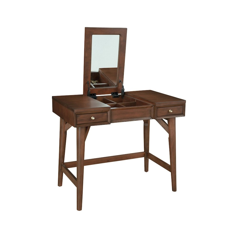 Flynn Walnut Bedroom Vanity by Start2Finish featuring a sleek wooden surface, mirror, and storage drawers for elegant bedroom organization.