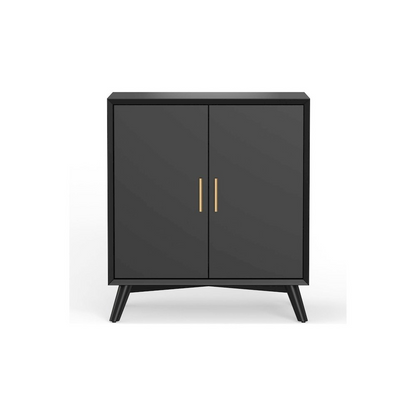 Black Flynn small bar cabinet by Start2Finish, featuring sleek furniture design with doors and storage compartments.