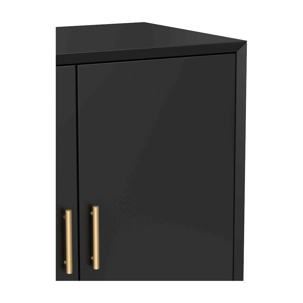 Black Flynn small bar cabinet by Start2Finish, featuring sleek wood furniture design with storage compartments and a modern look.