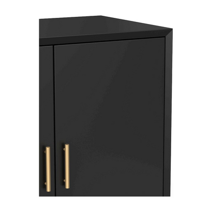 Black Flynn small bar cabinet by Start2Finish, featuring sleek wood furniture design with storage compartments and a modern look.