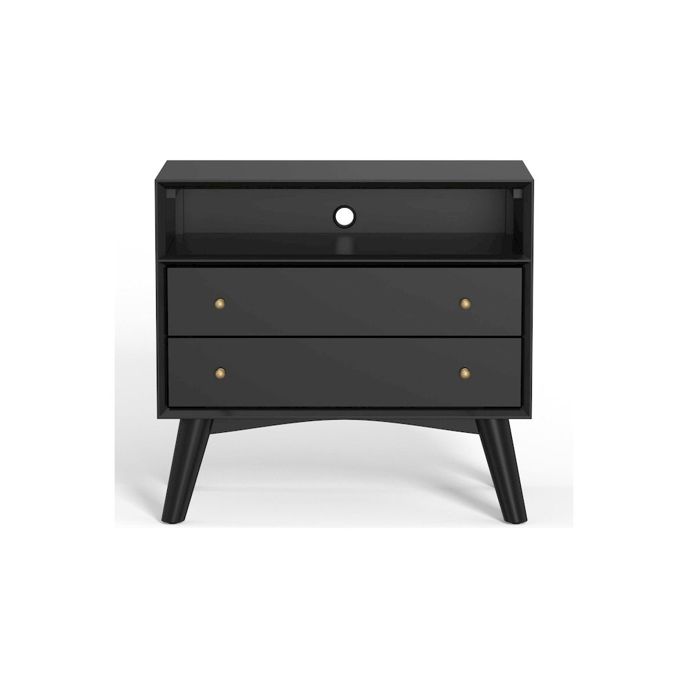 Black Flynn large nightstand by Start2Finish with a sleek modern design and a single drawer, shown in a well-lit room setting.