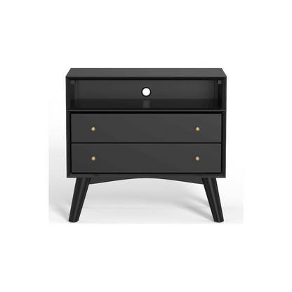 Black Flynn large nightstand by Start2Finish with a sleek modern design and a single drawer, shown in a well-lit room setting.