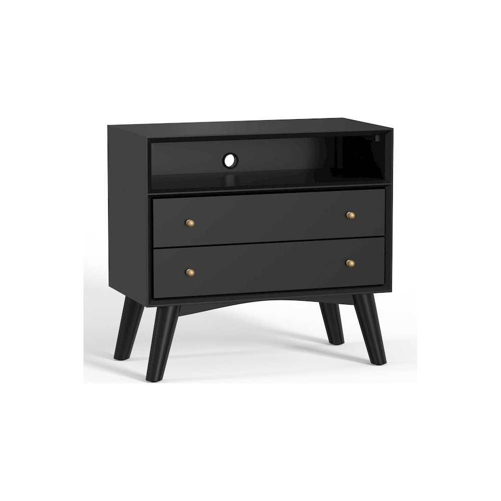 Flynn large black nightstand by Start2Finish with a sleek modern design, featuring a single drawer and open storage shelf.