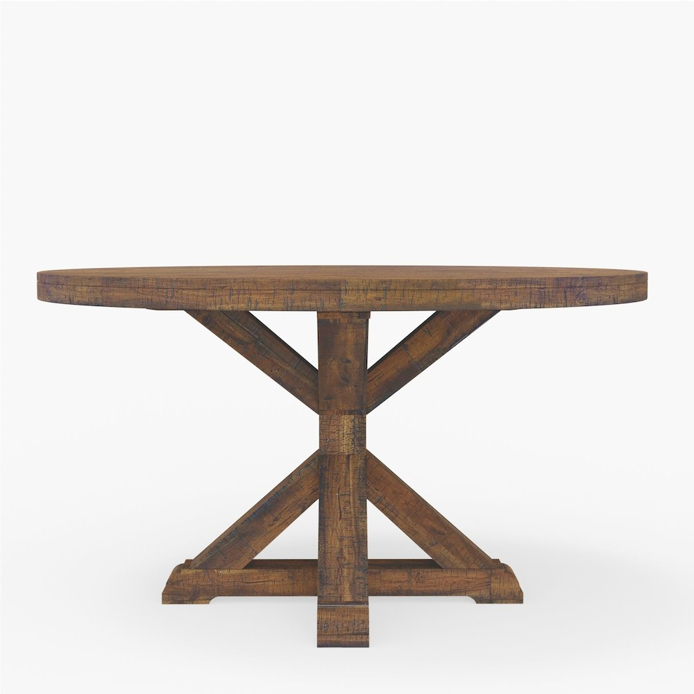 Medium brown Newberry Round Dining Table by Start2Finish, showcasing smooth wooden surface and sturdy pedestal base.