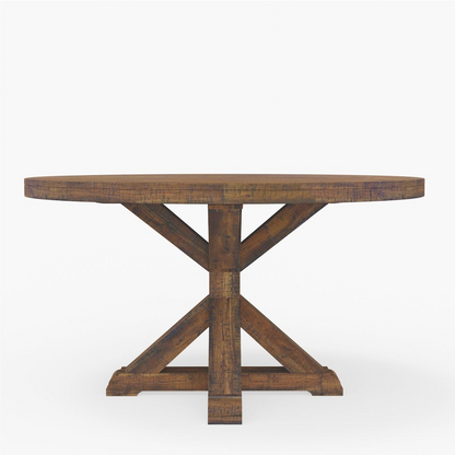 Medium brown Newberry Round Dining Table by Start2Finish, showcasing smooth wooden surface and sturdy pedestal base.