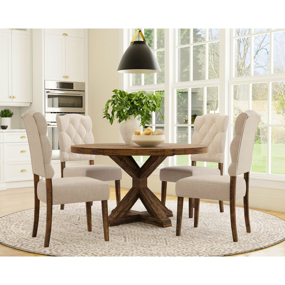 Medium brown Newberry Round Dining Table by Start2Finish, showcasing a smooth wooden surface and sturdy round base.