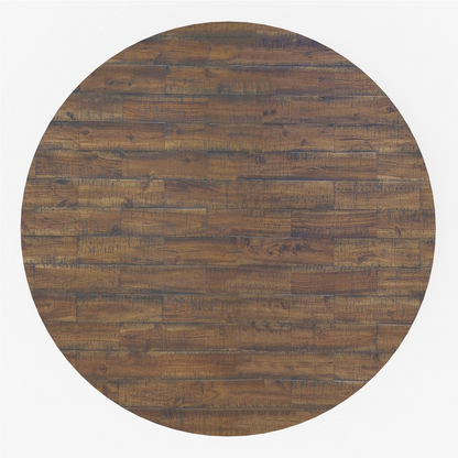 Medium brown Newberry round dining table by Start2Finish, showing smooth wooden surface and sturdy legs in a modern furniture design.