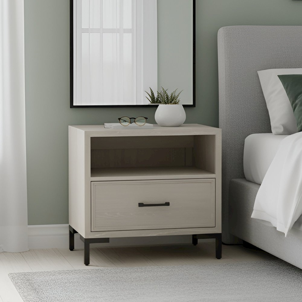 Start2Finish Bradley Nightstand with drawer and open shelf, dark wood finish, modern bedroom furniture piece.