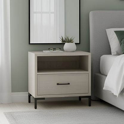 Start2Finish Bradley Nightstand with drawer and open shelf, dark wood finish, modern bedroom furniture piece.