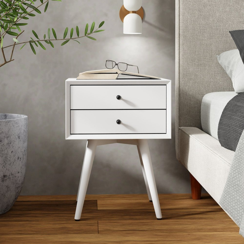 White Flynn small nightstand by Start2Finish, featuring a compact wooden furniture piece with a single drawer and open shelf.