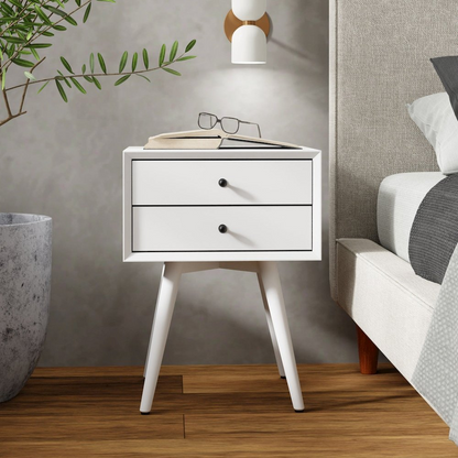 White Flynn small nightstand by Start2Finish, featuring a compact wooden furniture piece with a single drawer and open shelf.