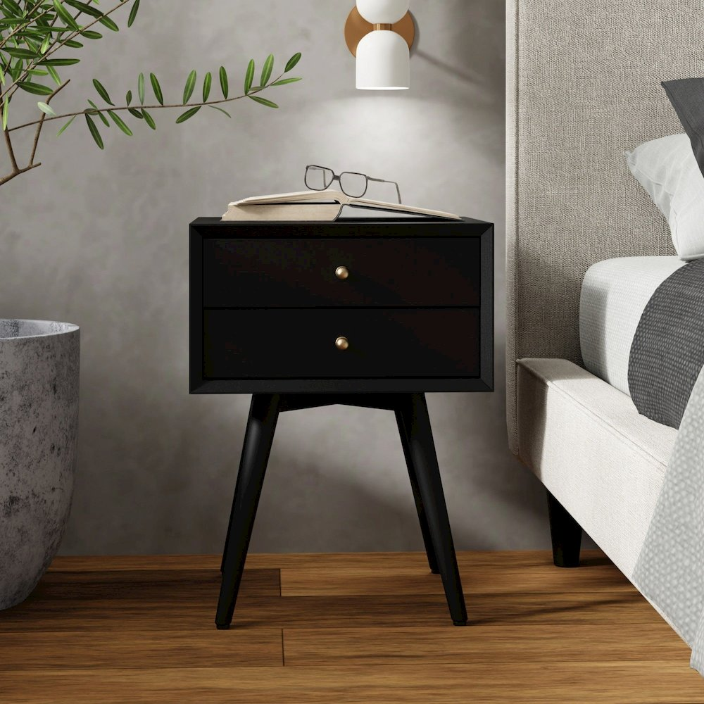 Flynn small black nightstand by Start2Finish, featuring a compact wooden furniture design with a single drawer and modern style.