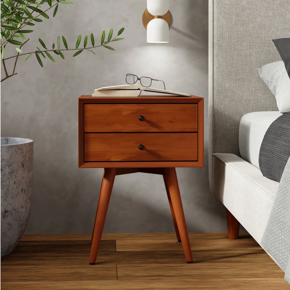 Flynn Small Nightstand in Acorn by Start2Finish, wooden bedside table with a single drawer and tapered legs.