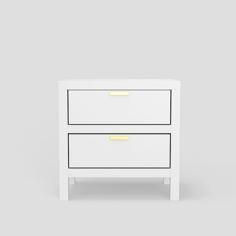 White Carmel 2-drawer nightstand from Start2Finish, showcasing a modern furniture piece with sleek drawers and a sturdy design.