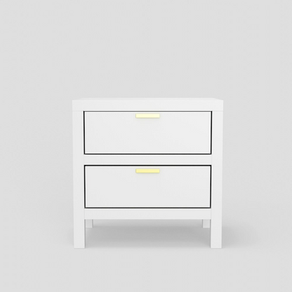 White Carmel 2-drawer nightstand from Start2Finish, showcasing a modern furniture piece with sleek drawers and a sturdy design.