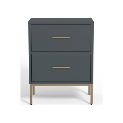 Slate gray Madelyn two-drawer nightstand by Start2Finish, showing front view with sleek drawer handles and smooth finish.