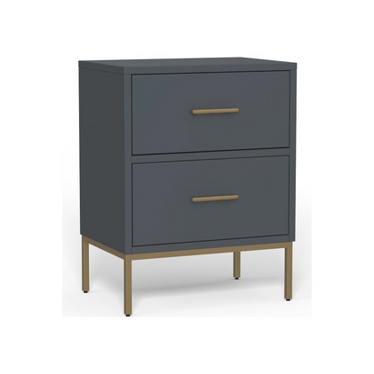 Madelyn two-drawer nightstand in slate gray with sleek modern design, featuring metal handles and sturdy wood construction.