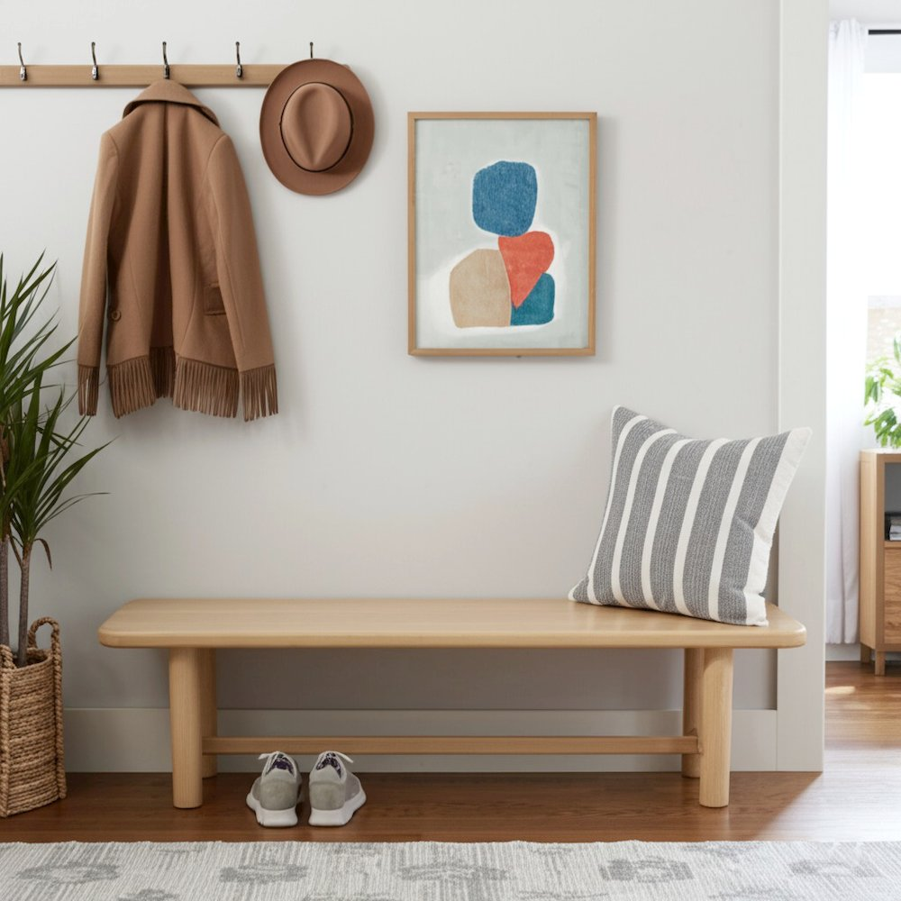 Light oak Hudson dining bench by Start2Finish, showcasing a sturdy wooden furniture piece with a sleek, modern design.