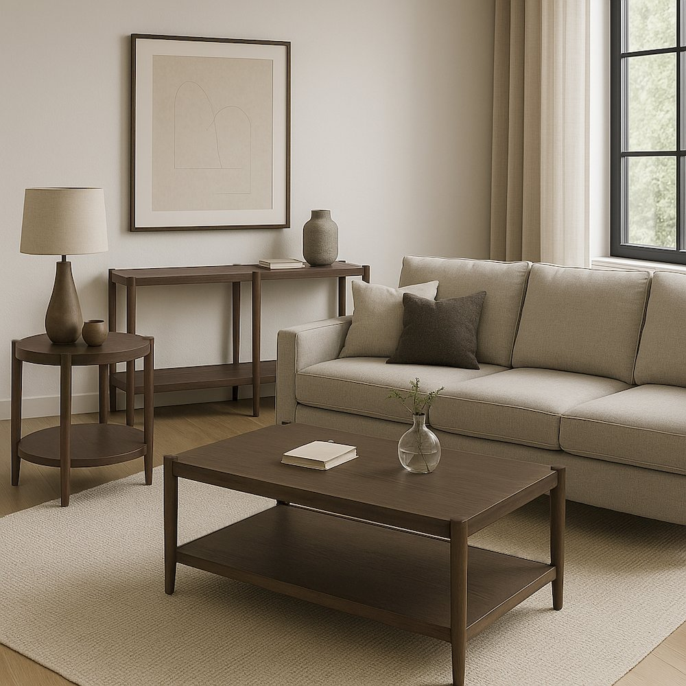 Walnut Sinclair rectangular coffee table from Start2Finish with a sleek, modern design and smooth wooden surface.