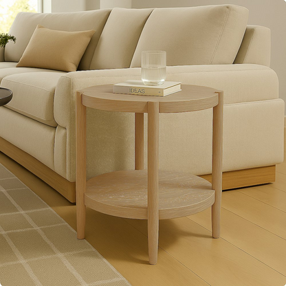 Start2Finish Sinclair round end table in natural wood finish, showcasing smooth circular surface and sturdy wooden legs.