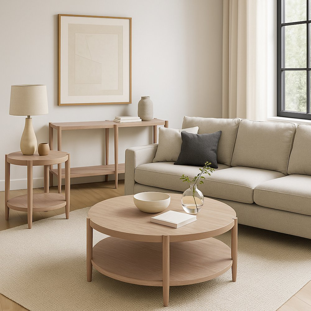 Start2Finish Sinclair round end table in natural wood finish, modern furniture piece with smooth tabletop and sturdy legs.