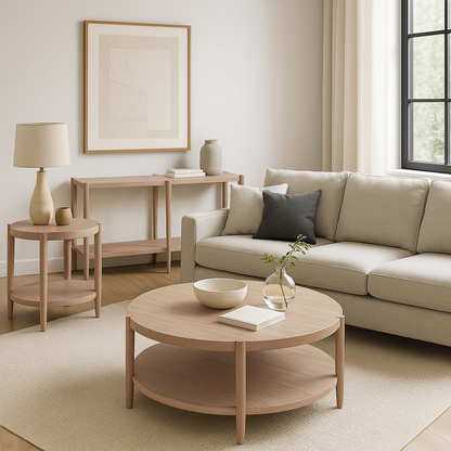 Start2Finish Sinclair round end table in natural wood finish, modern furniture piece with smooth tabletop and sturdy legs.