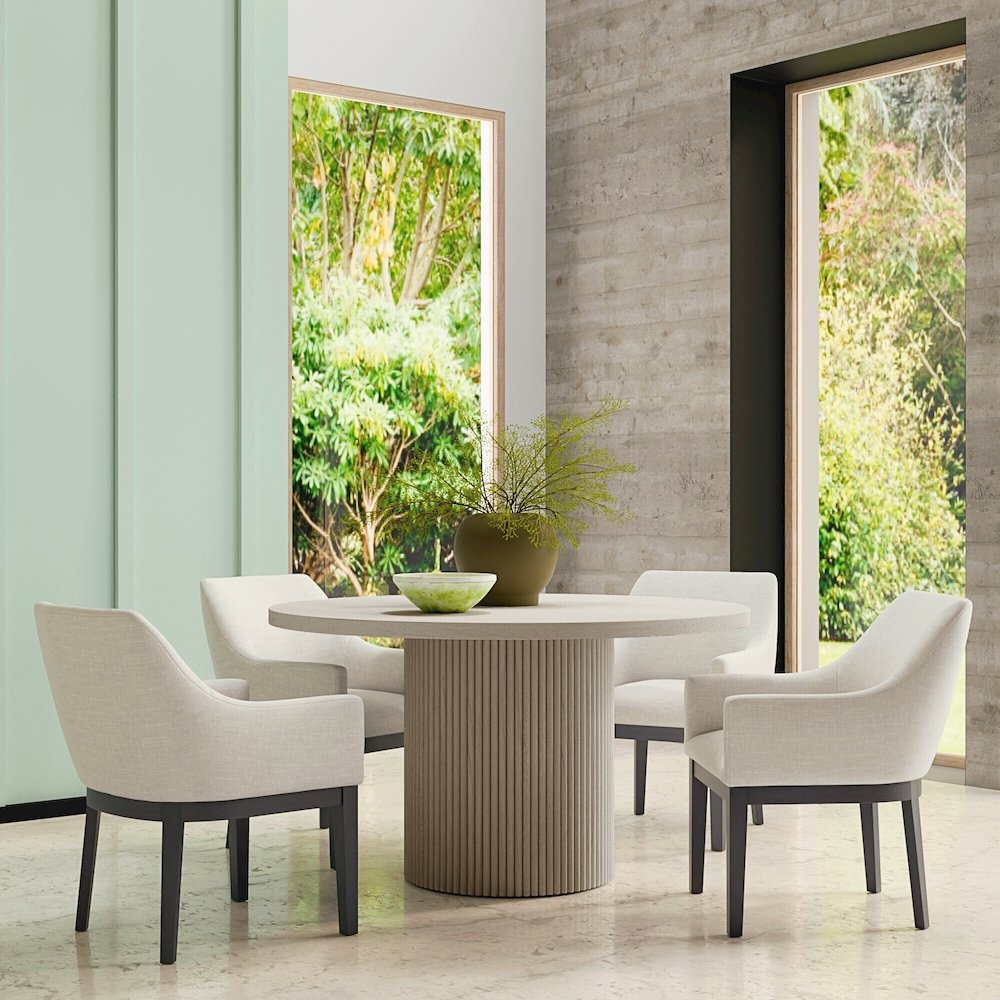 Pair of Reba Urban Side Chairs by Start2Finish, modern furniture with sleek design and wooden legs, shown in a living room setting.