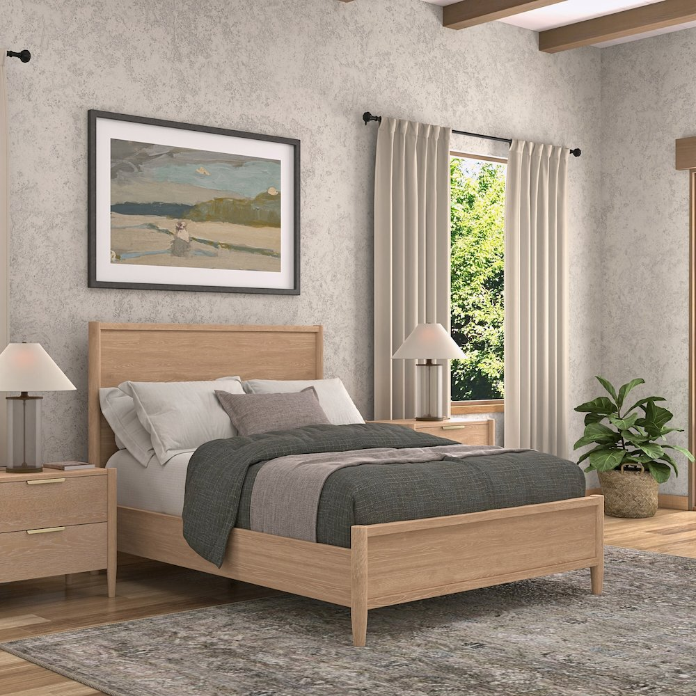 Start2Finish Sinclair Queen Panel Bed in natural wood finish with sleek headboard and sturdy frame.