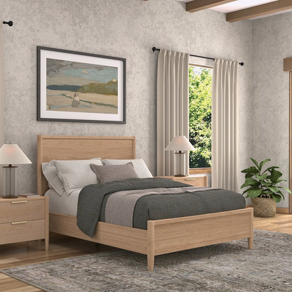 Start2Finish Sinclair Queen Panel Bed in natural wood finish with sleek headboard and sturdy frame.