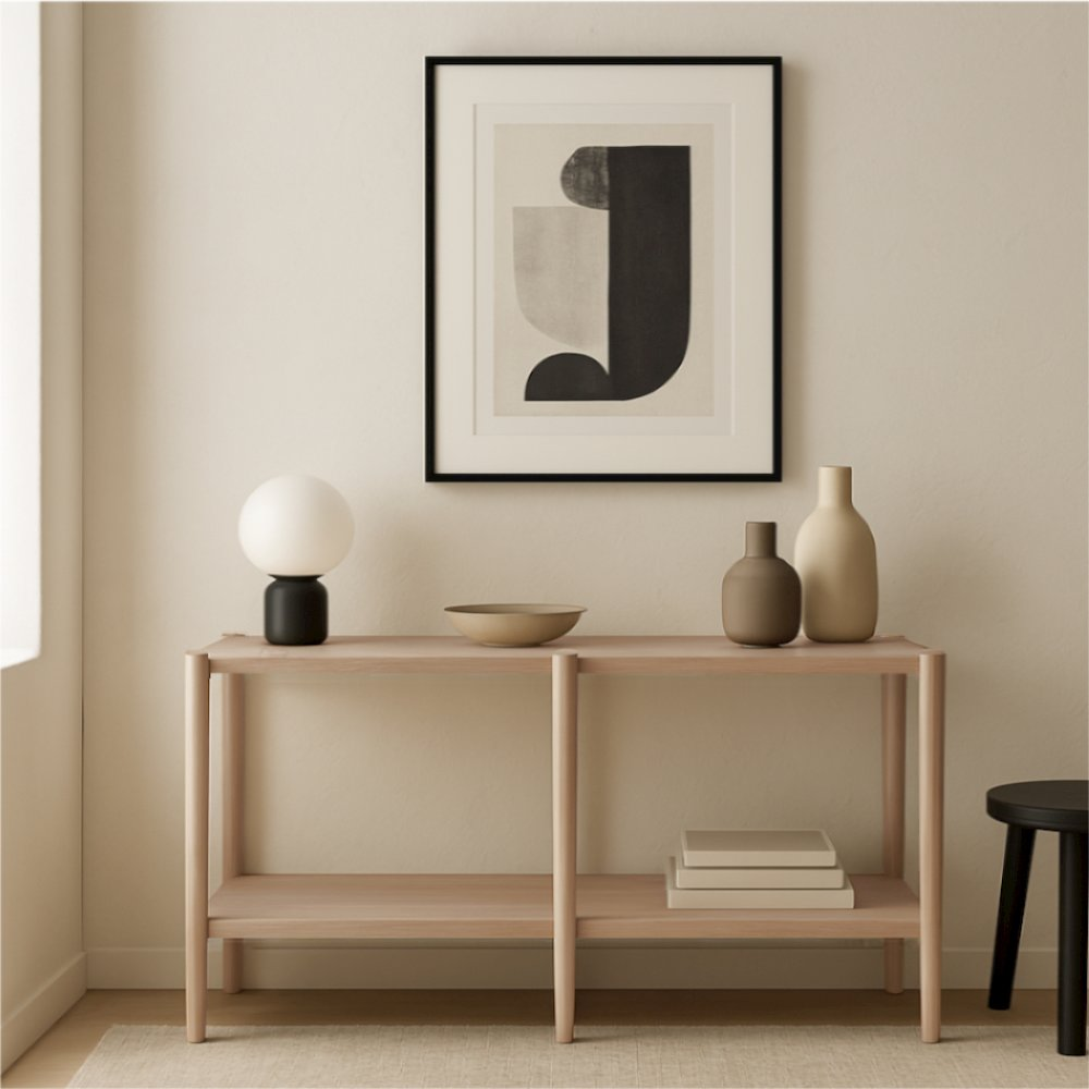 Start2Finish Sinclair console table in natural wood finish, showcasing a sleek, modern furniture piece with open shelving and clean lines.