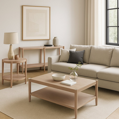 Start2Finish Sinclair Console Table in natural wood finish, showcasing a sleek modern furniture piece with a smooth surface and minimalist design.