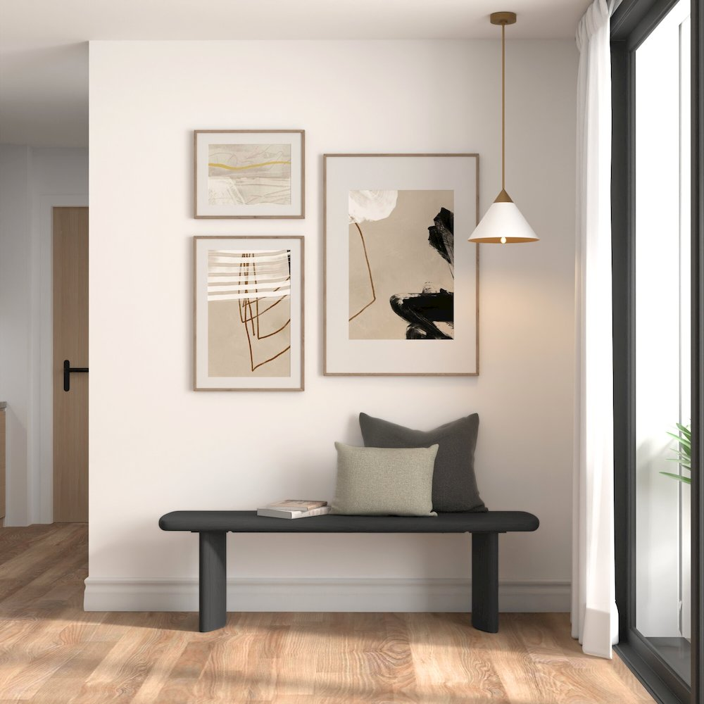 Black Gabrielle Bench by Start2Finish, modern furniture piece with a sleek upholstered seat and sturdy wooden legs.