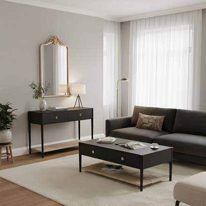 Cleo coffee table in charcoal gray with sleek modern design, featuring a rectangular shape and clean lines, by Start2Finish.