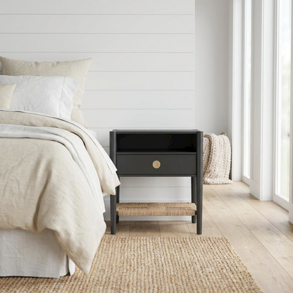 Charcoal gray Cleo Nightstand by Start2Finish, wooden furniture with a modern design and a single drawer and open shelf.